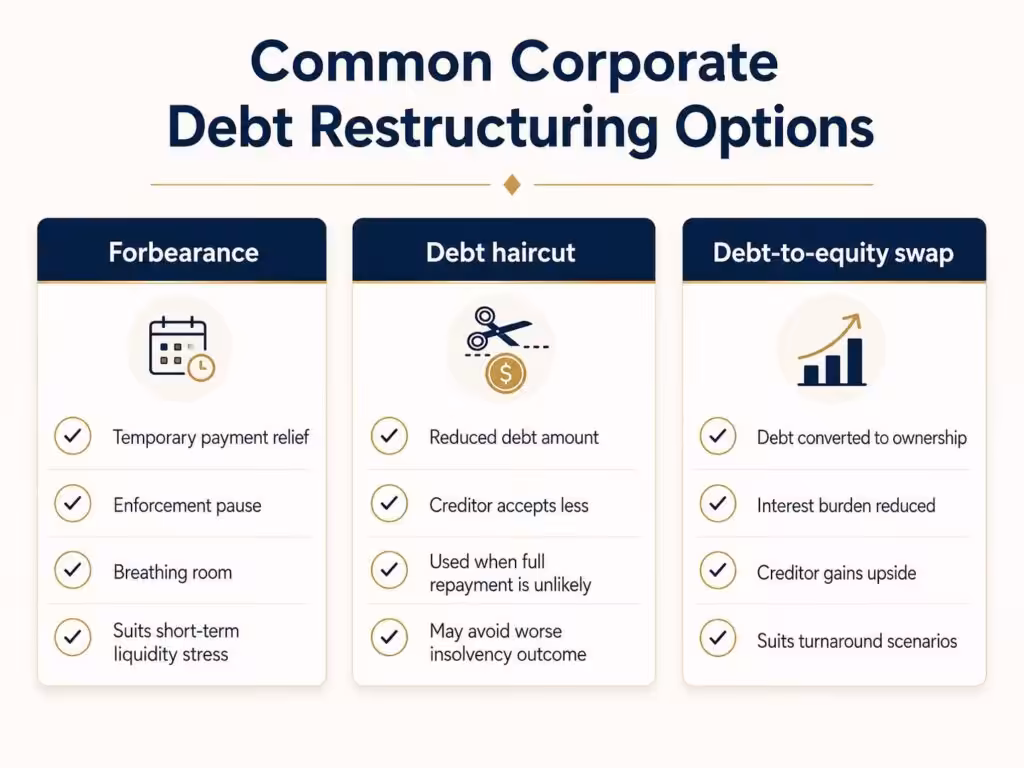 Comparison of corporate debt restructuring options including forbearance, debt haircut and debt-to-equity swap