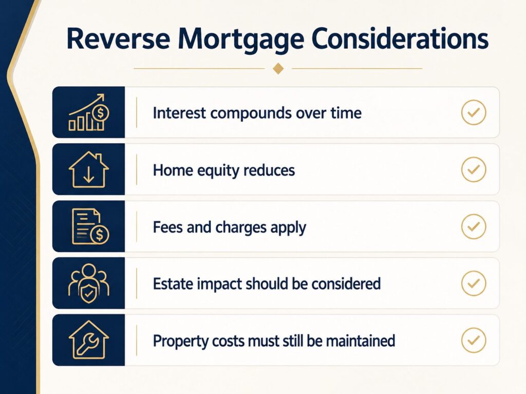 Reverse mortgage risks and considerations including interest, fees and home equity impact