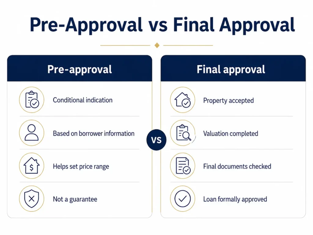 Comparison of home loan pre-approval and final approval for first home buyers