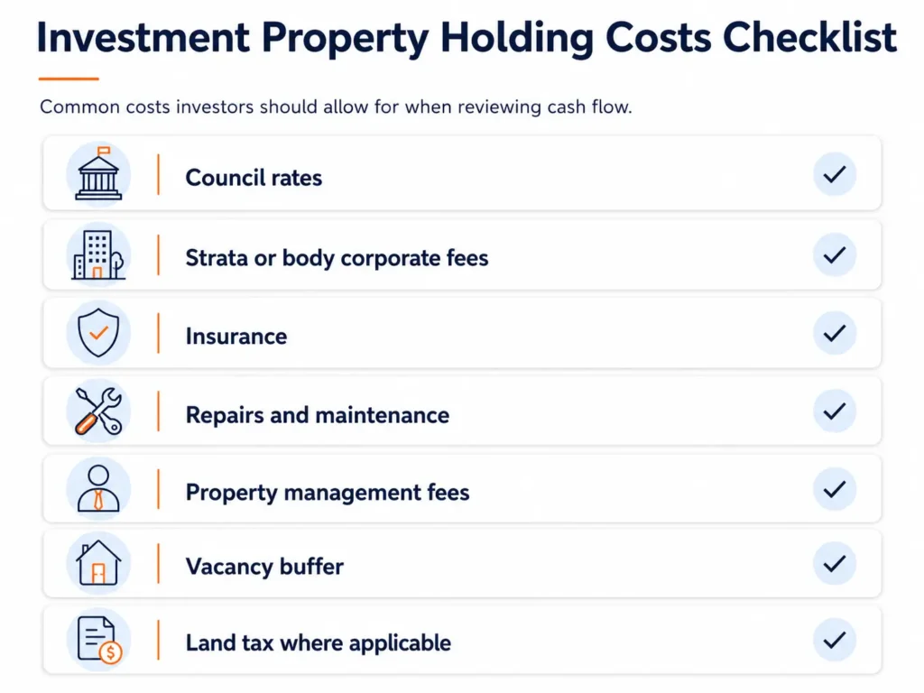 Checklist showing common investment property holding costs investors should allow for
