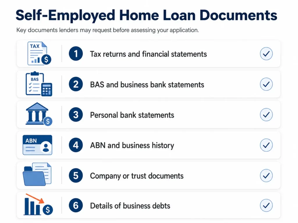 Checklist showing documents lenders may request for a self-employed home loan