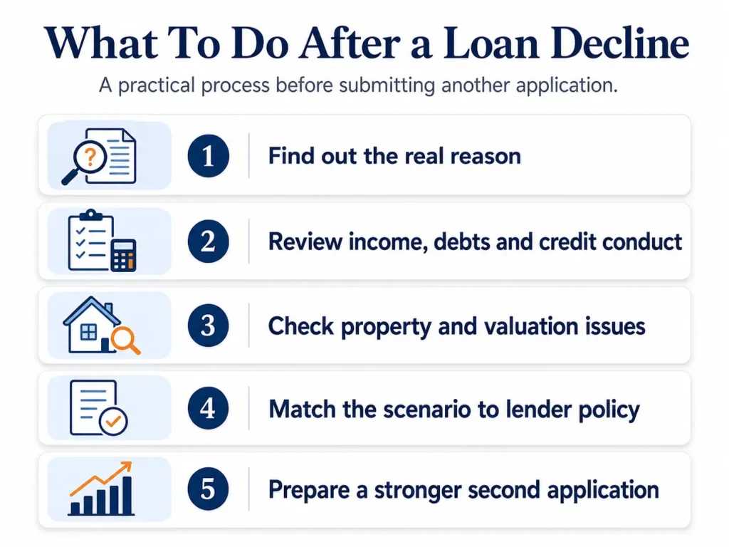 Step-by-step visual showing what to do after a loan application is declined